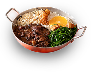 Fotografia da feijoada completa em panela: feijão preto com carnes, arroz, farofa, couve e torresmo.