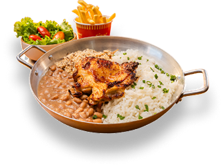 Fotografia do prato com sobrecoxa de frango grelhada, arroz, feijão, farofa, salada e batata frita.