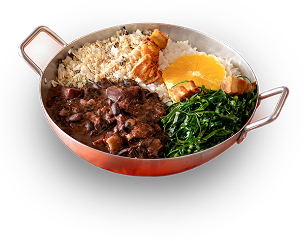 Fotografia da feijoada completa em panela: feijão preto com carnes, arroz, farofa, couve e torresmo.