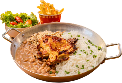 Fotografia do prato com sobrecoxa de frango grelhada, arroz, feijão, farofa, salada e batata frita.