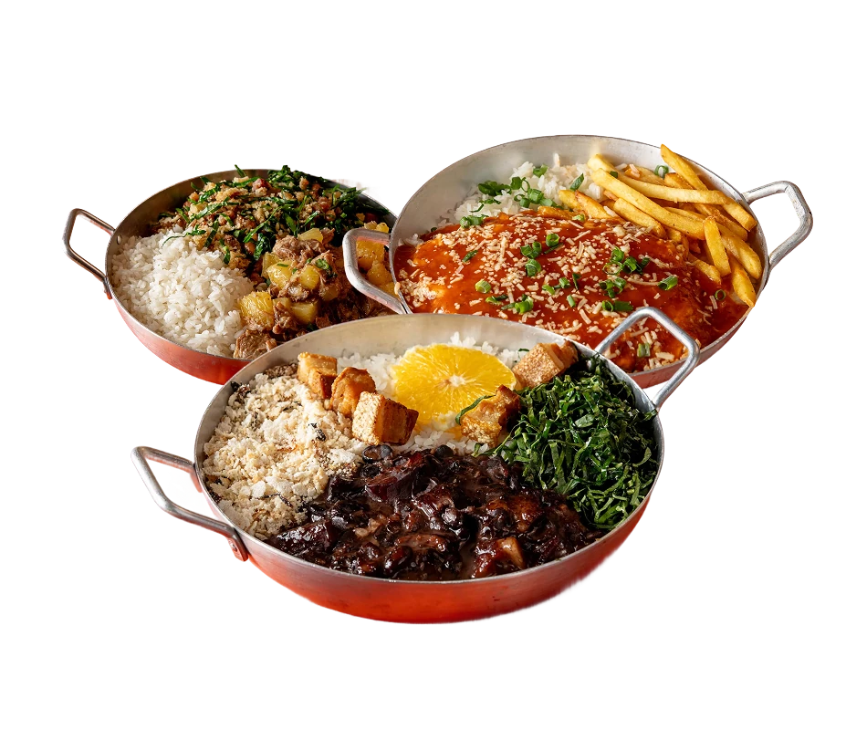 Prato principal Fast Food Caipira em panela: feijoada com acompanhamentos, arroz e salada, em destaque na página inicial.
