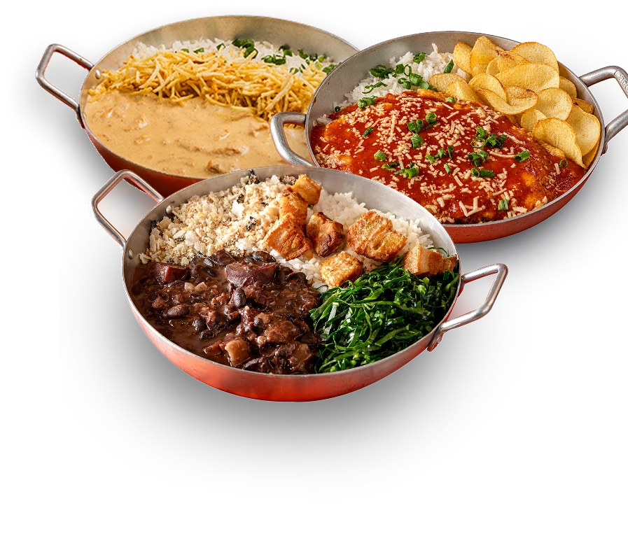 Prato principal Fast Food Caipira em panela: feijoada com acompanhamentos, arroz e salada, em destaque na página inicial.