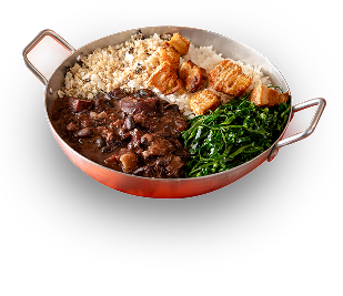 Fotografia da feijoada completa em panela: feijão preto com carnes, arroz, farofa, couve e torresmo.