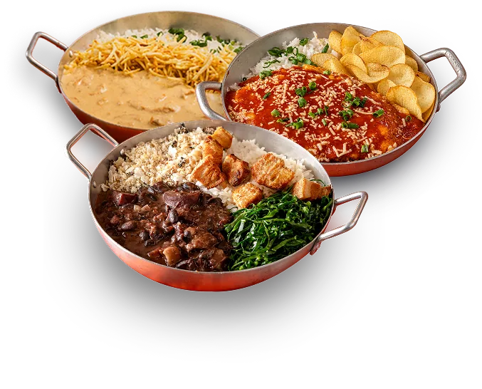 Prato principal Fast Food Caipira em panela: feijoada com acompanhamentos, arroz e salada, em destaque na página inicial.